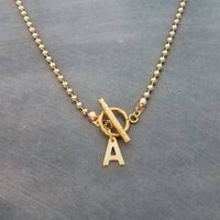 Gold Ball Chain Necklace & Letter Charm, chunky chain, gold letter initial necklace, toggle clasp necklace, front clasp