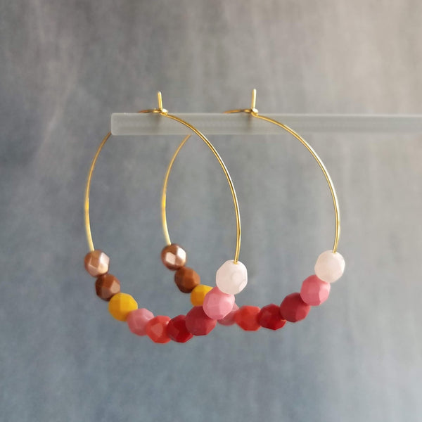 Beaded Hoop Earrings red pink beads, large gold hoops, summer