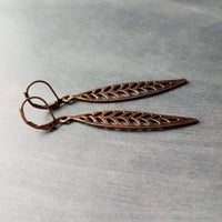 Antique Copper Leaf Earrings, long narrow copper leaves, copper lever back earrings, antique copper filigree earring, cut out leaf earring, fall earring autumn jewelry, thin filigree leaf