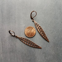 Antique Copper Leaf Earrings, long narrow copper leaves, copper lever back earrings, antique copper filigree earring, cut out leaf earring, fall earring autumn jewelry, thin filigree leaf