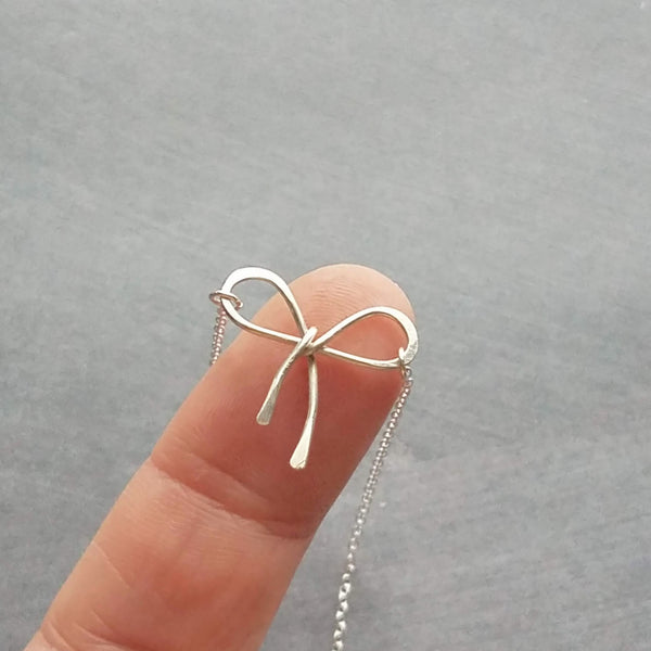 Sterling Silver Bow Necklace, silver ribbon necklace, wire bow