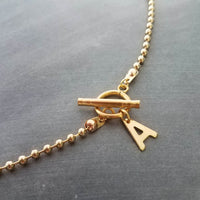 Gold Ball Chain Necklace & Letter Charm, chunky chain, gold letter initial necklace, toggle clasp necklace, front clasp