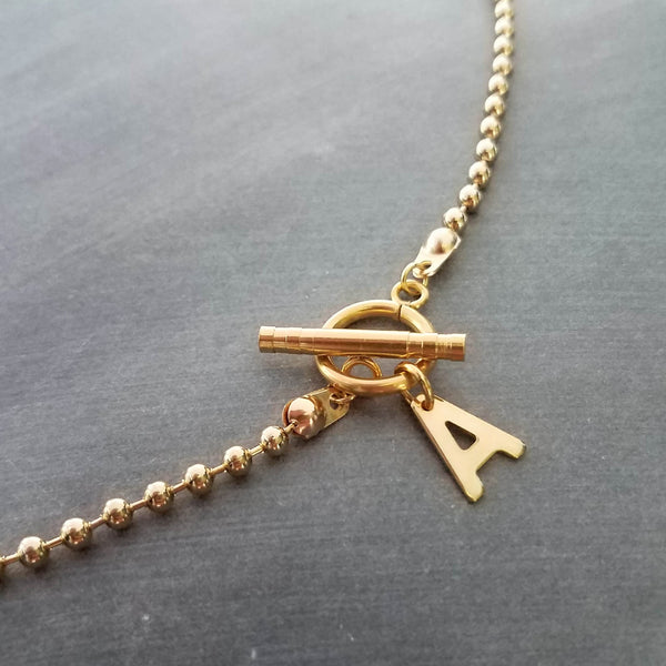Gold Ball Chain Necklace & Letter Charm, chunky chain, gold letter initial necklace, toggle clasp necklace, front clasp