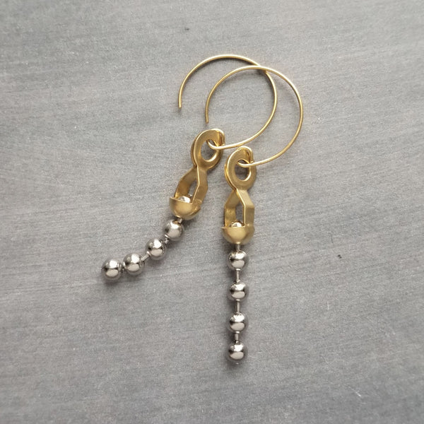 Gold & Steel Ball Chain Earrings, raw brass round hooks, hoop hook, mixed metals, long narrow dangle, round beaded earring, silver and gold earrings, 4mm silver ball chain