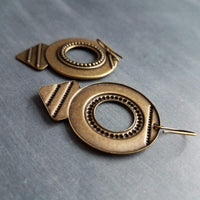 Large Round Antique Bronze Earrings, tribal style medallions, beaded edge, rustic antique brass earring, lightweight ox brass gold triangle