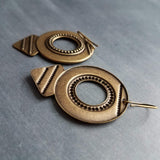 Large Round Antique Bronze Earrings, tribal style medallions, beaded edge, rustic antique brass earring, lightweight ox brass gold triangle