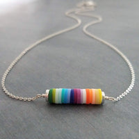 Silver Disk Necklace, colorful necklace, multicolor necklace, clay rainbow necklace, cheerful necklace, round rainbow disc necklace