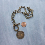 Antique Bronze Shackle Coin Necklace, chunky aged brass chain, thick front clasp, oval paperclip chain, big horse shoe screw clasp, large