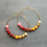 Beaded Hoop Earrings - large gold hoop, summer earring, tropical earring, chunky bead earring, bright colorful earring, red pink brown beads