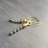 Gold & Steel Ball Chain Earrings, raw brass round hooks, hoop hook, mixed metals, long narrow dangle, round beaded earring, silver and gold earrings, 4mm silver ball chain