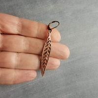 Antique Copper Leaf Earrings, long narrow copper leaves, copper lever back earrings, antique copper filigree earring, cut out leaf earring, fall earring autumn jewelry, thin filigree leaf