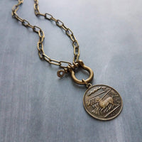 Antique Bronze Shackle Coin Necklace, chunky aged brass chain, thick front clasp, oval paperclip chain, big horse shoe screw clasp, large