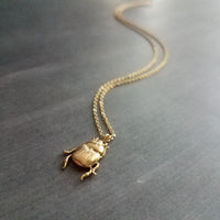 Little Gold Beetle Necklace, small beetle pendant, thin delicate 18in chain, rose June bug, 14K gold fill chain opt, 3D insect bug charm jewelry, gold bug necklace