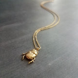 Little Gold Beetle Necklace, small beetle pendant, thin delicate 18in chain, rose June bug, 14K gold fill chain opt, 3D insect bug charm jewelry, gold bug necklace