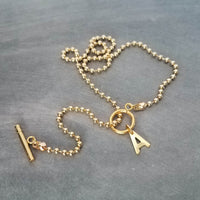 Gold Ball Chain Necklace & Letter Charm, chunky chain, gold letter initial necklace, toggle clasp necklace, front clasp