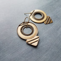 Large Round Antique Bronze Earrings, tribal style medallions, beaded edge, rustic antique brass earring, lightweight ox brass gold triangle