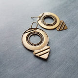 Large Round Antique Bronze Earrings, tribal style medallions, beaded edge, rustic antique brass earring, lightweight ox brass gold triangle