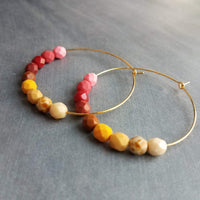 Beaded Hoop Earrings - large gold hoop, summer earring, tropical earring, chunky bead earring, bright colorful earring, red pink brown beads
