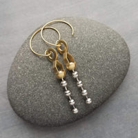 Gold & Steel Ball Chain Earrings, raw brass round hooks, hoop hook, mixed metals, long narrow dangle, round beaded earring, silver and gold earrings, 4mm silver ball chain