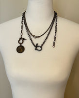 Antique Bronze Shackle Coin Necklace, chunky aged brass chain, thick front clasp, oval paperclip chain, big horse shoe screw clasp, large