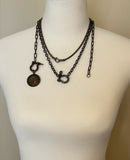 Antique Bronze Shackle Coin Necklace, chunky aged brass chain, thick front clasp, oval paperclip chain, big horse shoe screw clasp, large