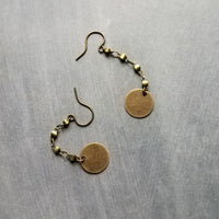 Antique Brass Chain Earrings, bronze disk earring, delicate thin earring, antique bronze round dangle, bronze chain, lightweight aged brass