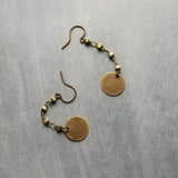 Antique Brass Chain Earrings, bronze disk earring, delicate thin earring, antique bronze round dangle, bronze chain, lightweight aged brass