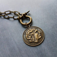 Antique Bronze Shackle Coin Necklace, chunky aged brass chain, thick front clasp, oval paperclip chain, big horse shoe screw clasp, large