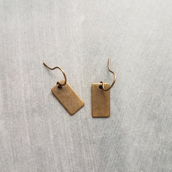 Little Antique Brass Tag Earrings, antique bronze rectangle, rectangle tag dangle, brass rectangle earrings, simple antique brass earrings, flat rectangle, geometry earrings, little antique bronze earrings, little antique brass earrings