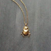 Little Gold Beetle Necklace, small beetle pendant, thin delicate 18in chain, rose June bug, 14K gold fill chain opt, 3D insect bug charm jewelry, gold bug necklace