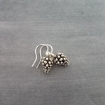 Antique Silver Pine Cone Earrings, small blackened silver pinecone charms, tiny little simple ear hooks, minimalist fall dangle earring