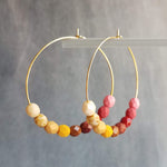 Beaded Hoop Earrings - large gold hoop, summer earring, tropical earring, chunky bead earring, bright colorful earring, red pink brown beads