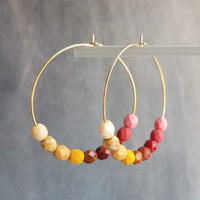 Beaded Hoop Earrings - large gold hoop, summer earring, tropical earring, chunky bead earring, bright colorful earring, red pink brown beads