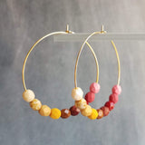 Beaded Hoop Earrings - large gold hoop, summer earring, tropical earring, chunky bead earring, bright colorful earring, red pink brown beads