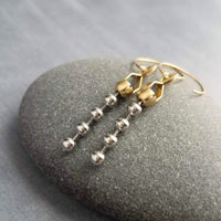 Gold & Steel Ball Chain Earrings, raw brass round hooks, hoop hook, mixed metals, long narrow dangle, round beaded earring, silver and gold earrings, 4mm silver ball chain