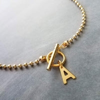 Gold Ball Chain Necklace & Letter Charm, chunky chain, gold letter initial necklace, toggle clasp necklace, front clasp