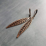 Antique Copper Leaf Earrings, long narrow copper leaves, copper lever back earrings, antique copper filigree earring, cut out leaf earring, fall earring autumn jewelry, thin filigree leaf