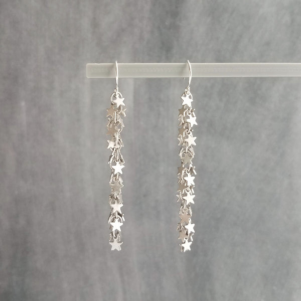 Tiny Silver Star Earrings, silver stars earring, star cascade earring, silver falling star earrings, shaggy earring, cha cha earring, star cluster earring, long thin silver dangle