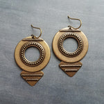 Large Round Antique Bronze Earrings, tribal style medallions, beaded edge, rustic antique brass earring, lightweight ox brass gold triangle