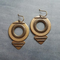 Large Round Antique Bronze Earrings, tribal style medallions, beaded edge, rustic antique brass earring, lightweight ox brass gold triangle