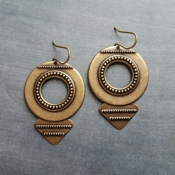 Large Round Antique Bronze Earrings, tribal style medallions, beaded edge, rustic antique brass earring, lightweight ox brass gold triangle