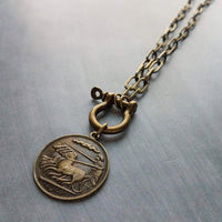 Antique Bronze Shackle Coin Necklace, chunky aged brass chain, thick front clasp, oval paperclip chain, big horse shoe screw clasp, large