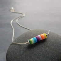 Silver Disk Necklace, colorful necklace, multicolor necklace, clay rainbow necklace, cheerful necklace, round rainbow disc necklace