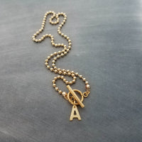 Gold Ball Chain Necklace & Letter Charm, chunky chain, gold letter initial necklace, toggle clasp necklace, front clasp