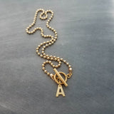 Gold Ball Chain Necklace & Letter Charm, chunky chain, gold letter initial necklace, toggle clasp necklace, front clasp