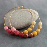 Beaded Hoop Earrings - large gold hoop, summer earring, tropical earring, chunky bead earring, bright colorful earring, red pink brown beads