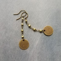 Antique Brass Chain Earrings, bronze disk earring, delicate thin earring, antique bronze round dangle, bronze chain, lightweight aged brass