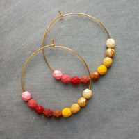 Beaded Hoop Earrings - large gold hoop, summer earring, tropical earring, chunky bead earring, bright colorful earring, red pink brown beads
