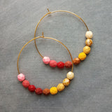 Beaded Hoop Earrings - large gold hoop, summer earring, tropical earring, chunky bead earring, bright colorful earring, red pink brown beads