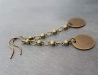 Antique Brass Chain Earrings, bronze disk earring, delicate thin earring, antique bronze round dangle, bronze chain, lightweight aged brass